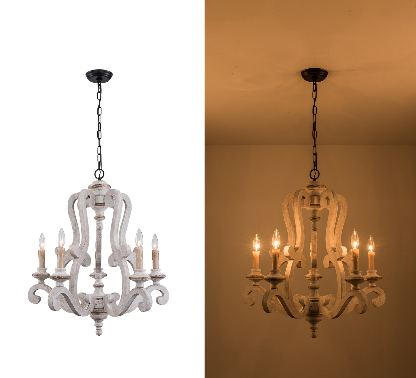 FC4004-H/W-BellaDepot 5 Lights 25" Distressed Wood/Distressed White Vintage Wood Chandelier, Height Adjustable Pendant Light