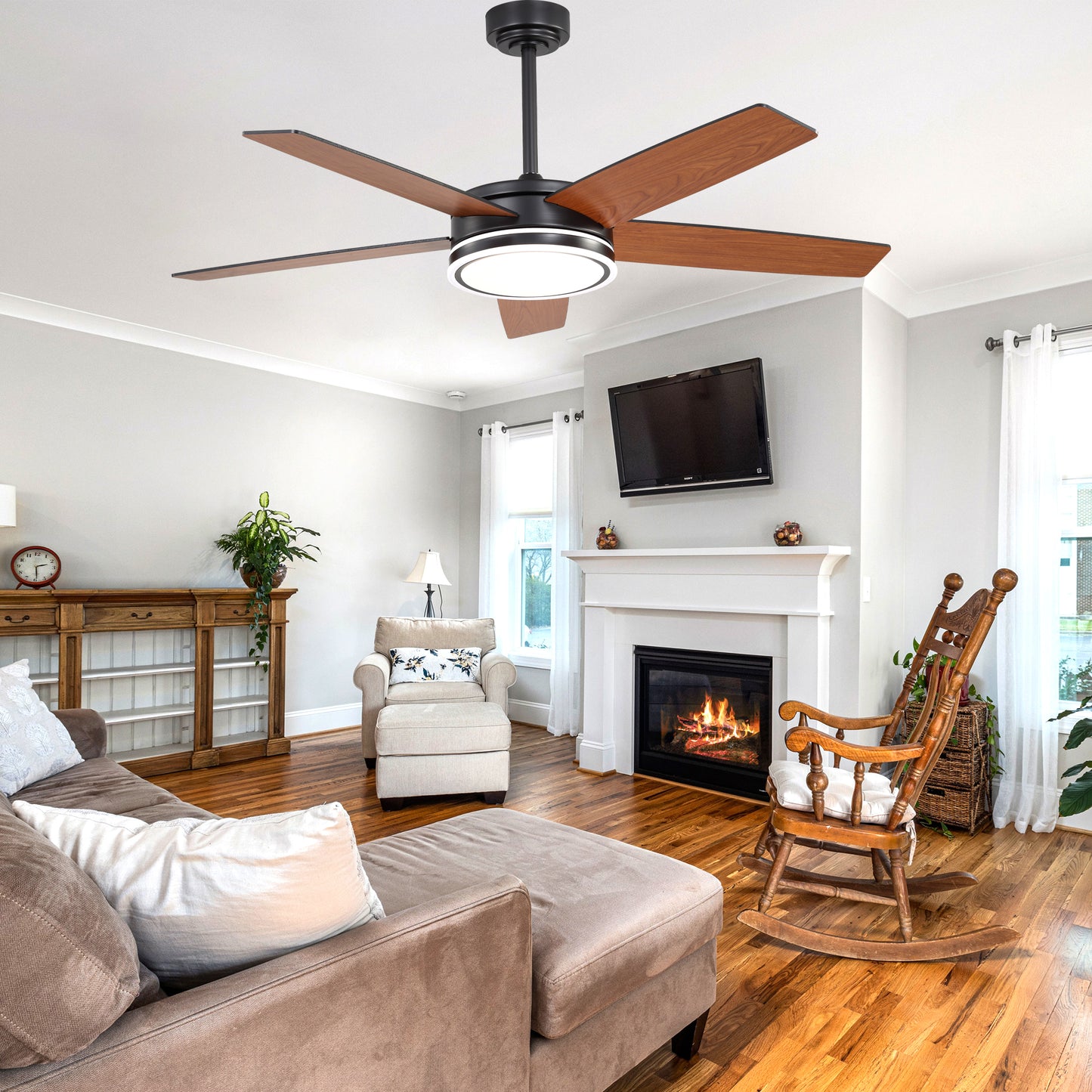 BellaDepot 52" Modern Contemporary Black or Chrome LED Ceiling Fan with Remote Control and Lights, Reversible 6 Speeds Ceiling Fan for All Seasons - DC5225-B/C