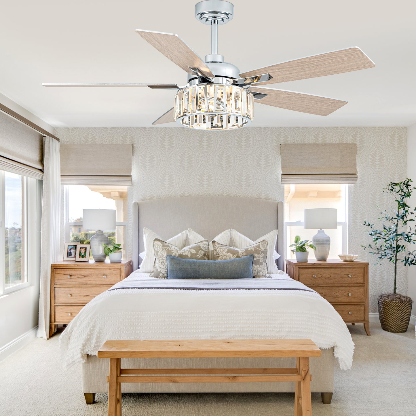 BellaDepot 52" Luxury Crystal Caged Chrome Ceiling Fan with Remote Control, 6 Speeds Ceiling Fan with Lights for Living Room- DC5226-MD