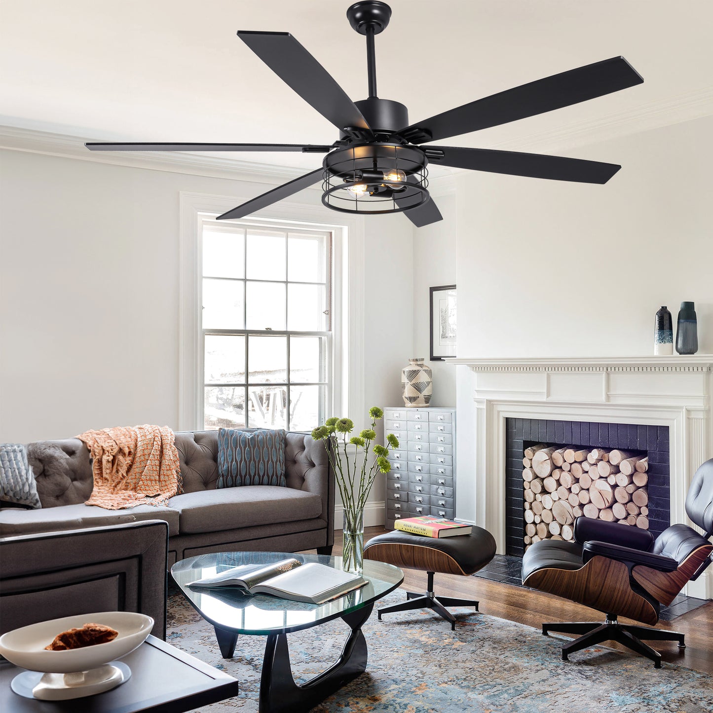 DC256501-BellaDepot 65" Industrial Matte Black Ceiling Fan, Reversible 6-speed Fan with Lights, Remote-controlled Fan