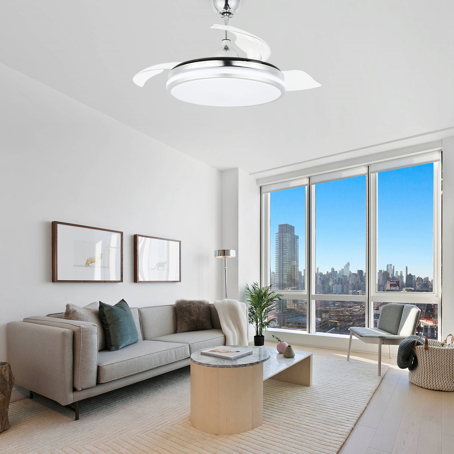 DC4260-BellaDepot 42" Black/Chrome/Gold/White Modern Reversible Ceiling Fan with Remote and LED Light Kit Included, 6 Speeds Retractable Ceiling Fan