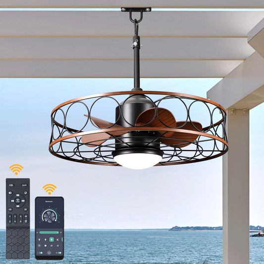 HW2309-BellaDepot 23.6" Industrial Outdoor Caged Ceiling Fan with Remote and LED Lights, DC Motor 6 Speeds Ceiling Fan