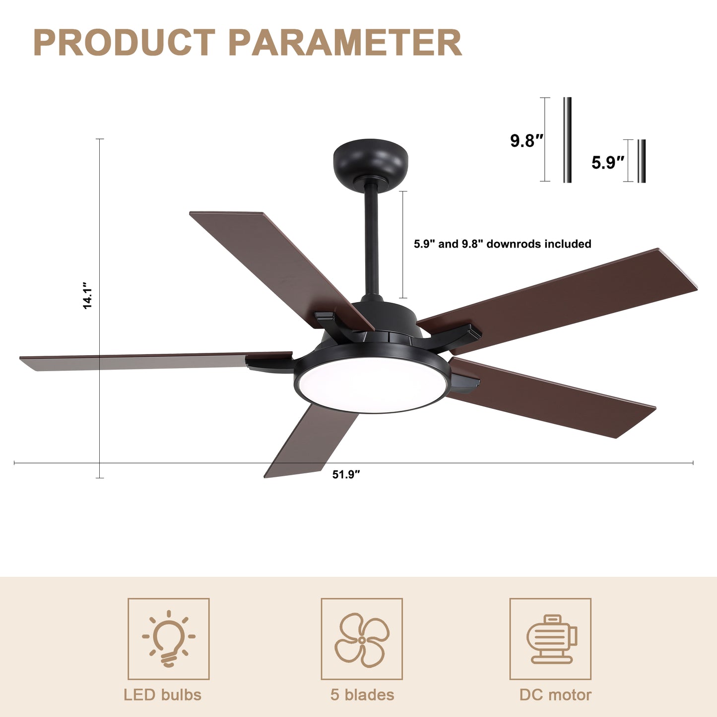 HWJ5220/5221/5222-52" 5 Wooden Blades Industrial Caged Reversible Ceiling Fan with Remote and LED Lights, Large Size 6-speed Ceiling Fan