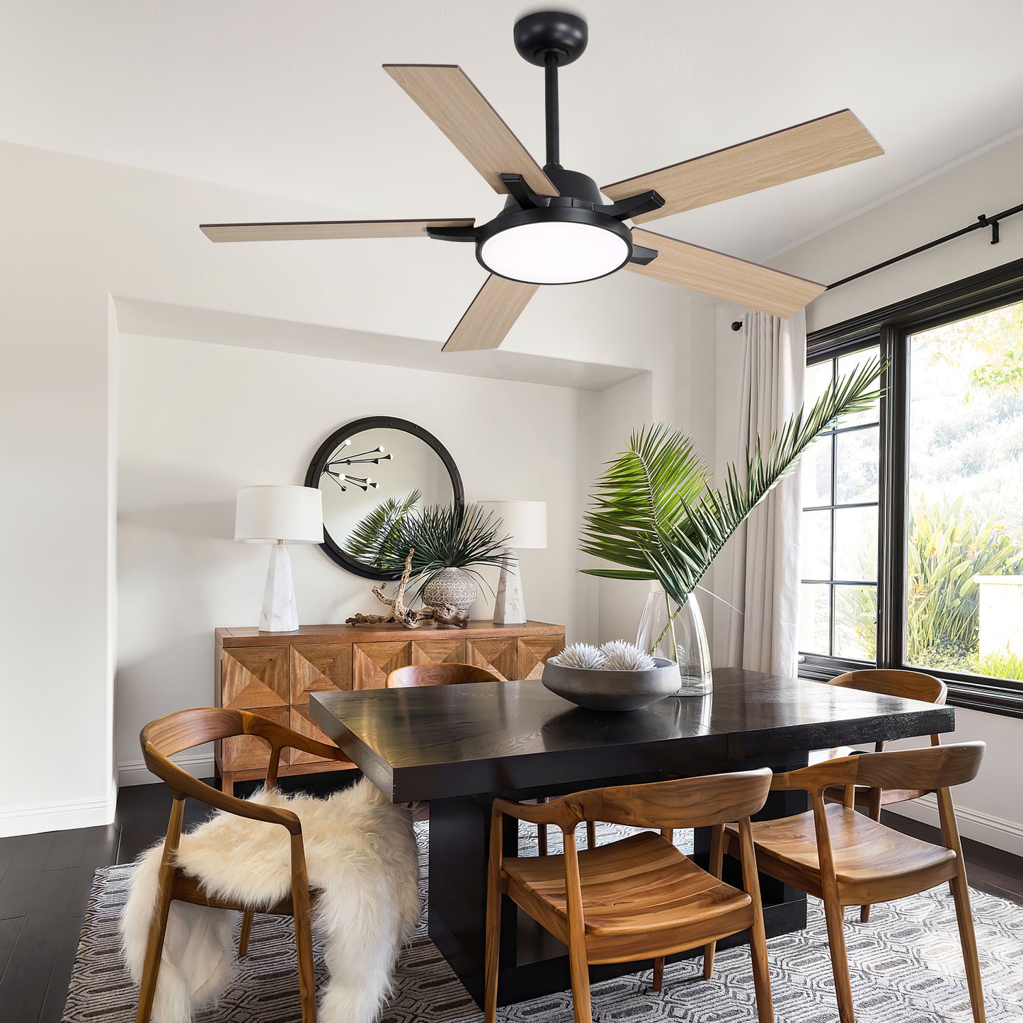 HWJ5220/5221/5222-52" 5 Wooden Blades Industrial Caged Reversible Ceiling Fan with Remote and LED Lights, Large Size 6-speed Ceiling Fan