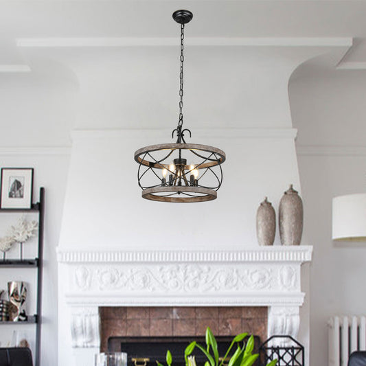 FC4065-Vintage Style Wooden Chandelier with Adjustable Chain and Candelabra Bulb Base