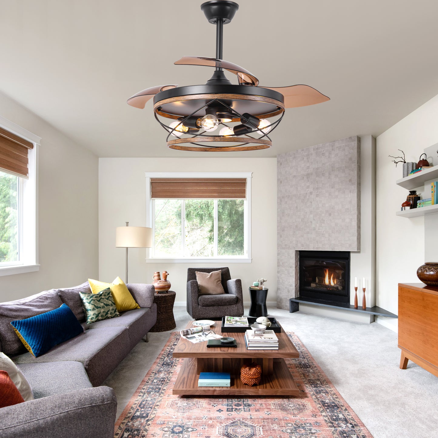 BellaDepot 42" Farmhouse Brown Retractable Ceiling Fan with Remote Control, Invisible Blades Ceiling Fan with Lights - DC4270