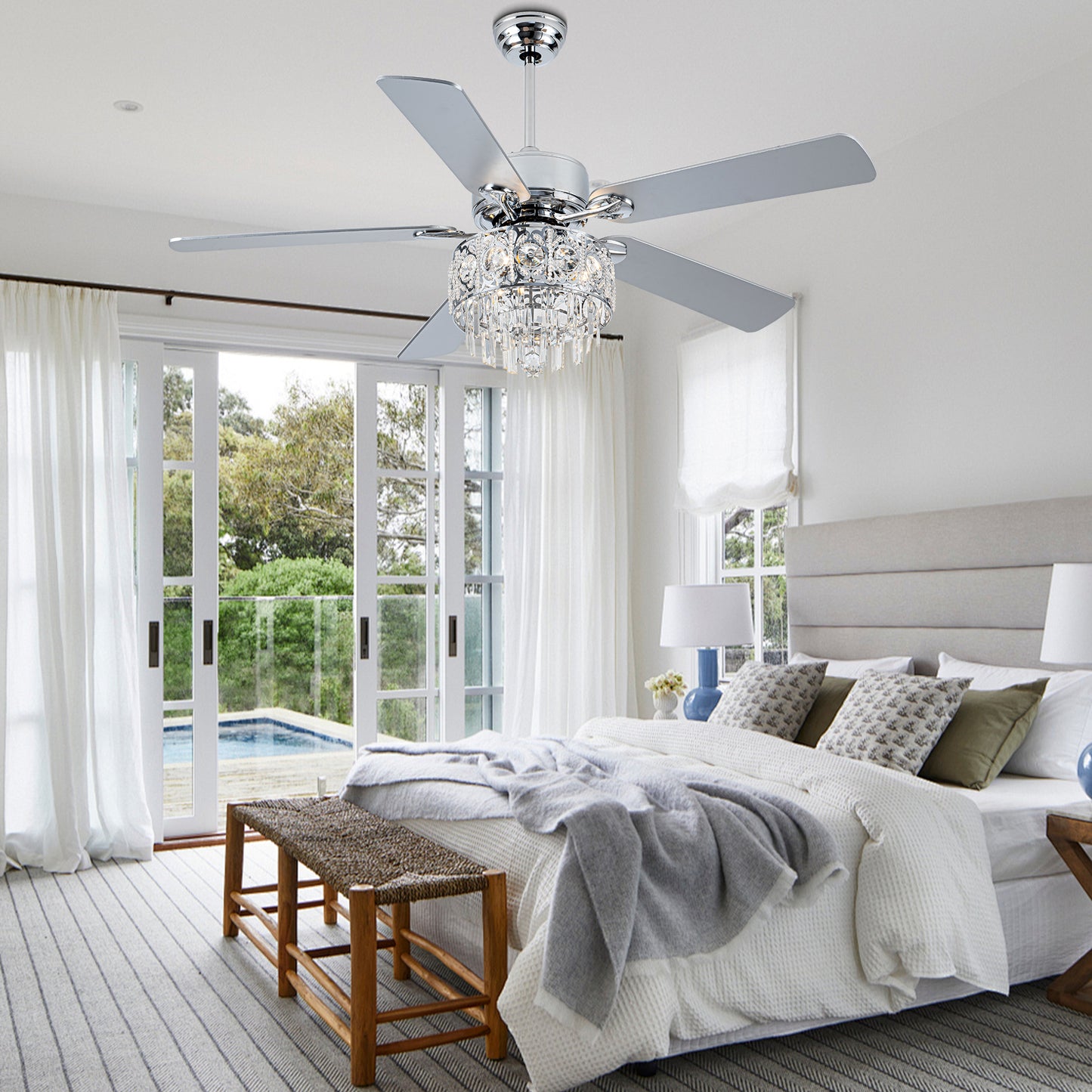 BD2064-52" Silver Finish Deluxe Crystal Reversible Ceiling Fan with 3 Lights and Remote