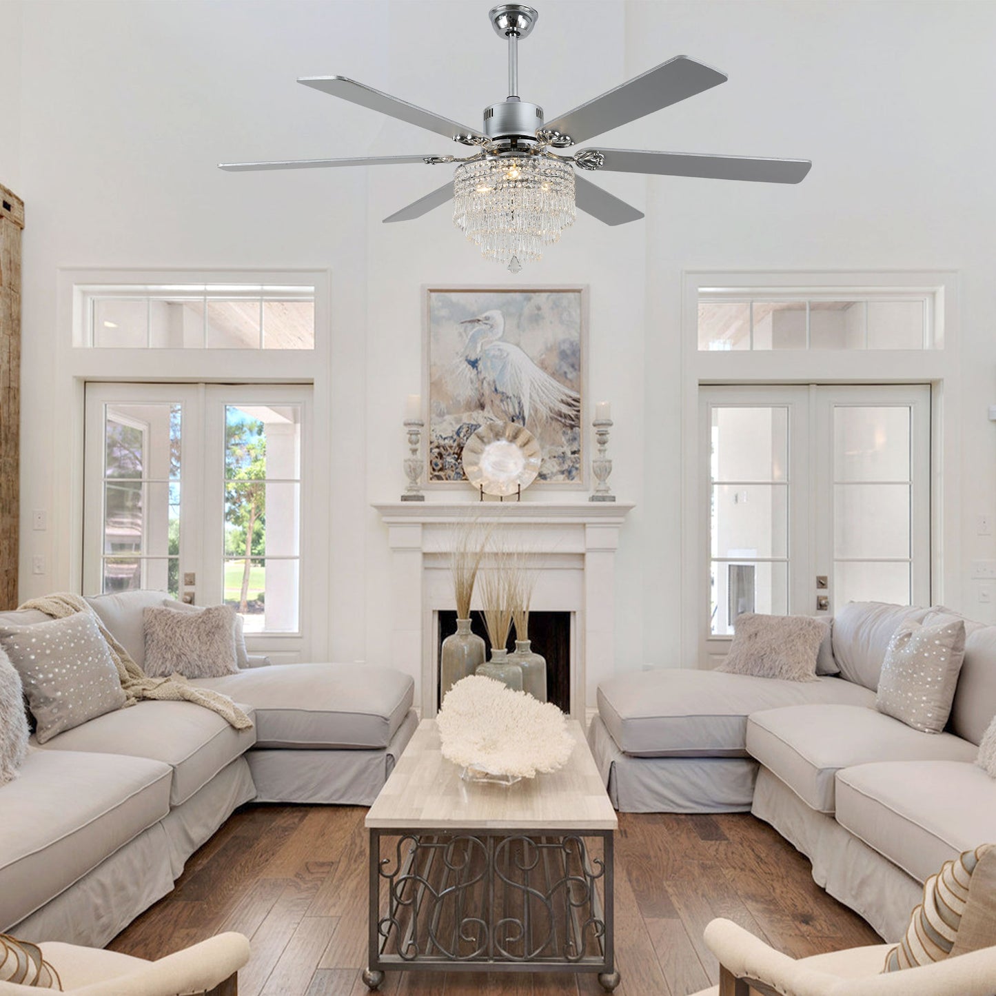DC6502-65" Black/Silver Finish Metal Crystal Wooden Reversible Ceiling Fan with Remote and 3 Lights, Large Size Ceiling Fan