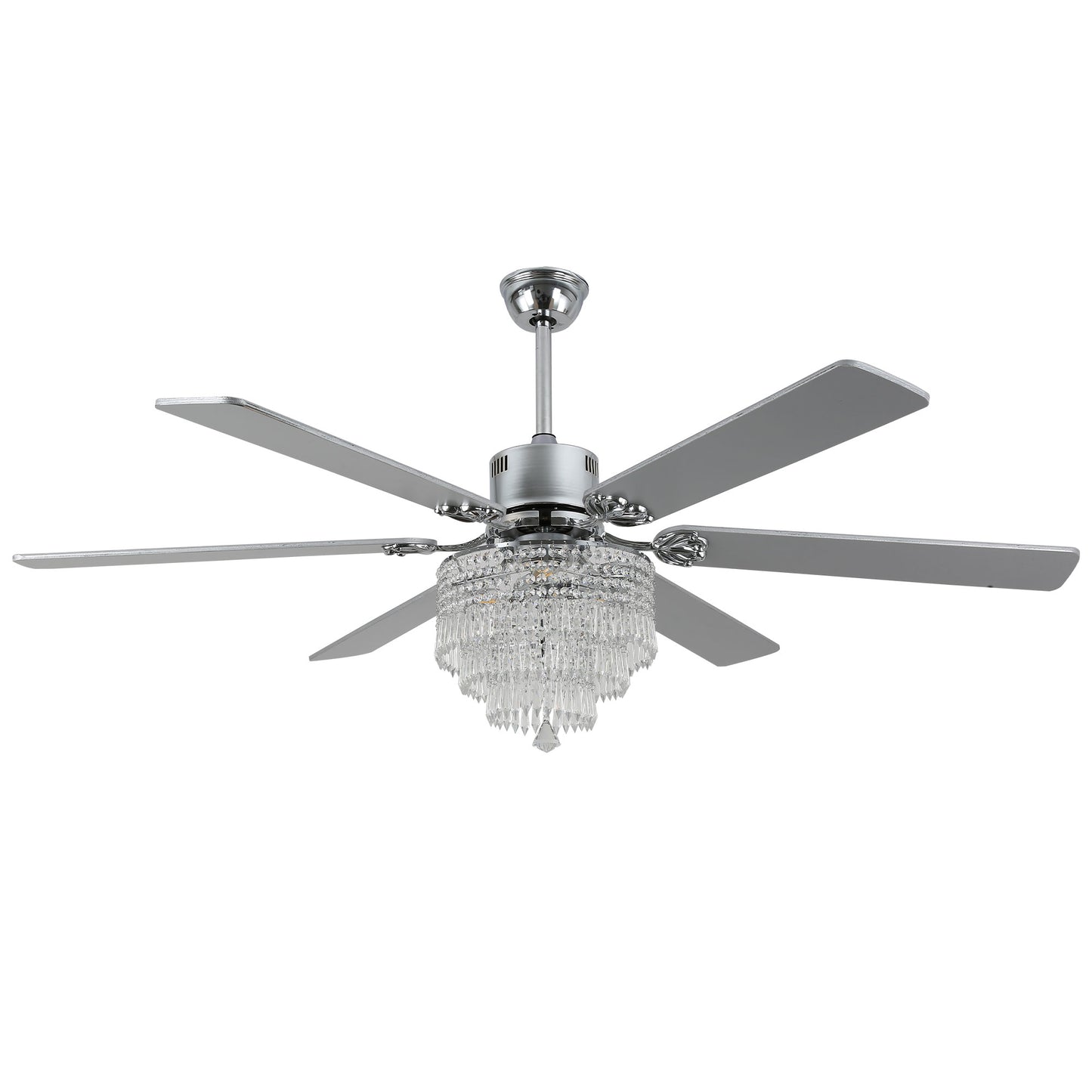 DC6502-65" Black/Silver Finish Metal Crystal Wooden Reversible Ceiling Fan with Remote and 3 Lights, Large Size Ceiling Fan