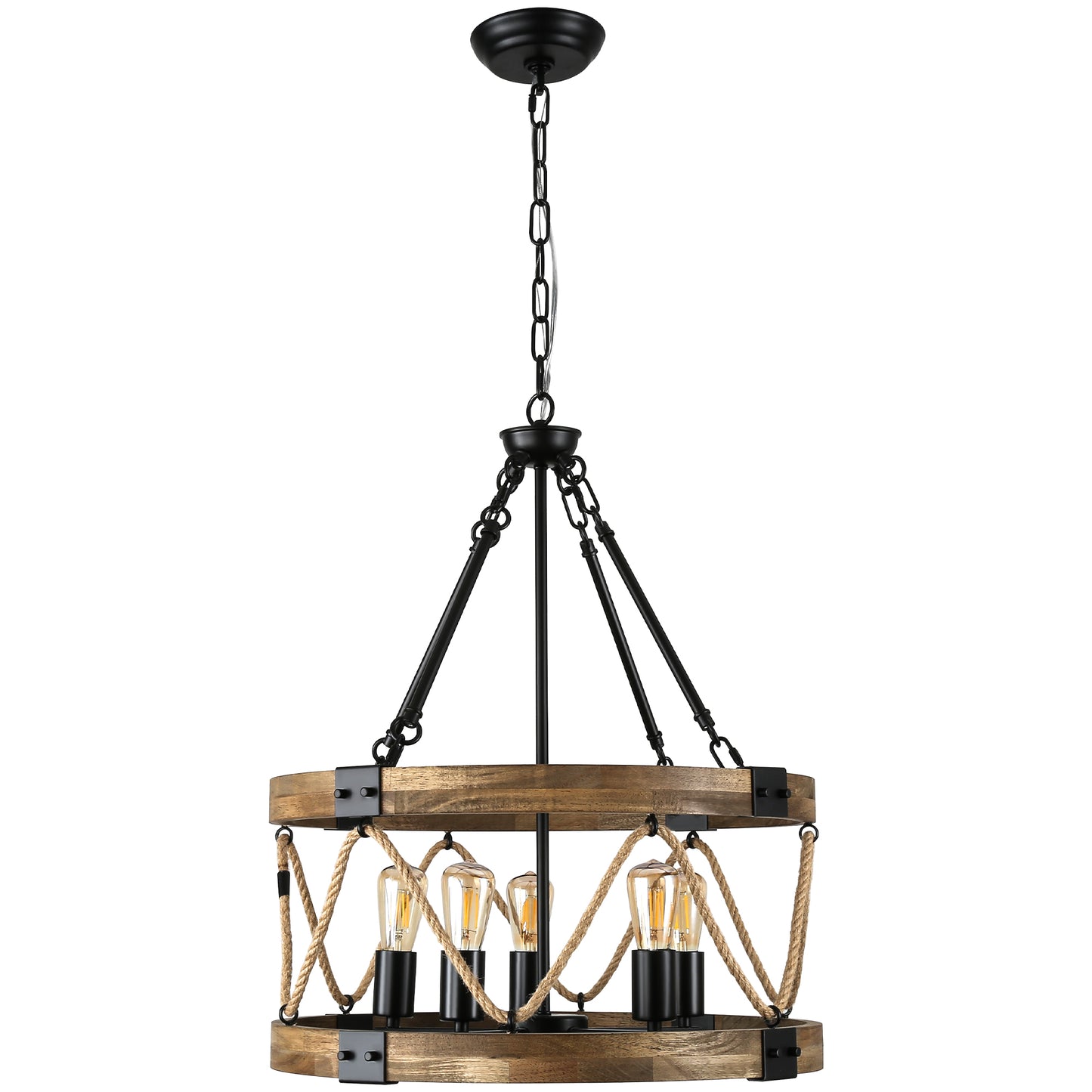 FC4116-BellaDepot 5 Lights Geometric Wood Chandelier, Height Adjustable Home Decoration Pendant Light