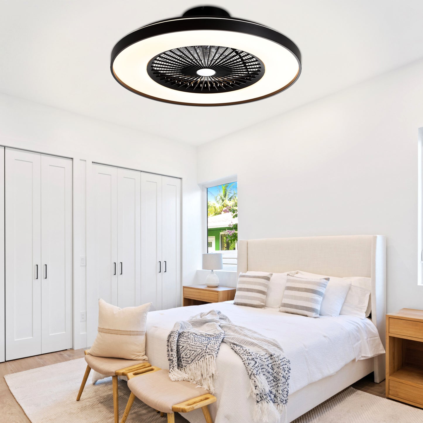 HWJ2310-23" RGB Flush Mount Smart Ceiling Fan with Remote Control, Bedroom Fan Lights with 6 Wind Speeds