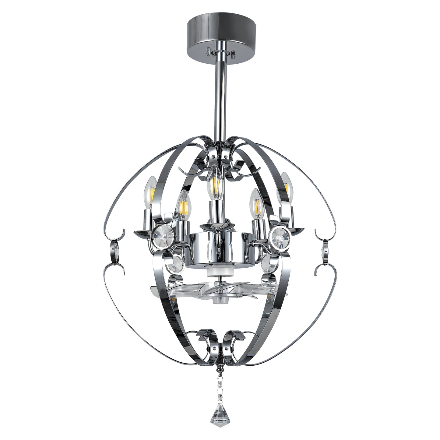 DC2031-19.7" Silver Finish Luxury Crystal Reversible Ceiling Fan with Remote and 5 Lights, 6-Speed Ceiling Fan