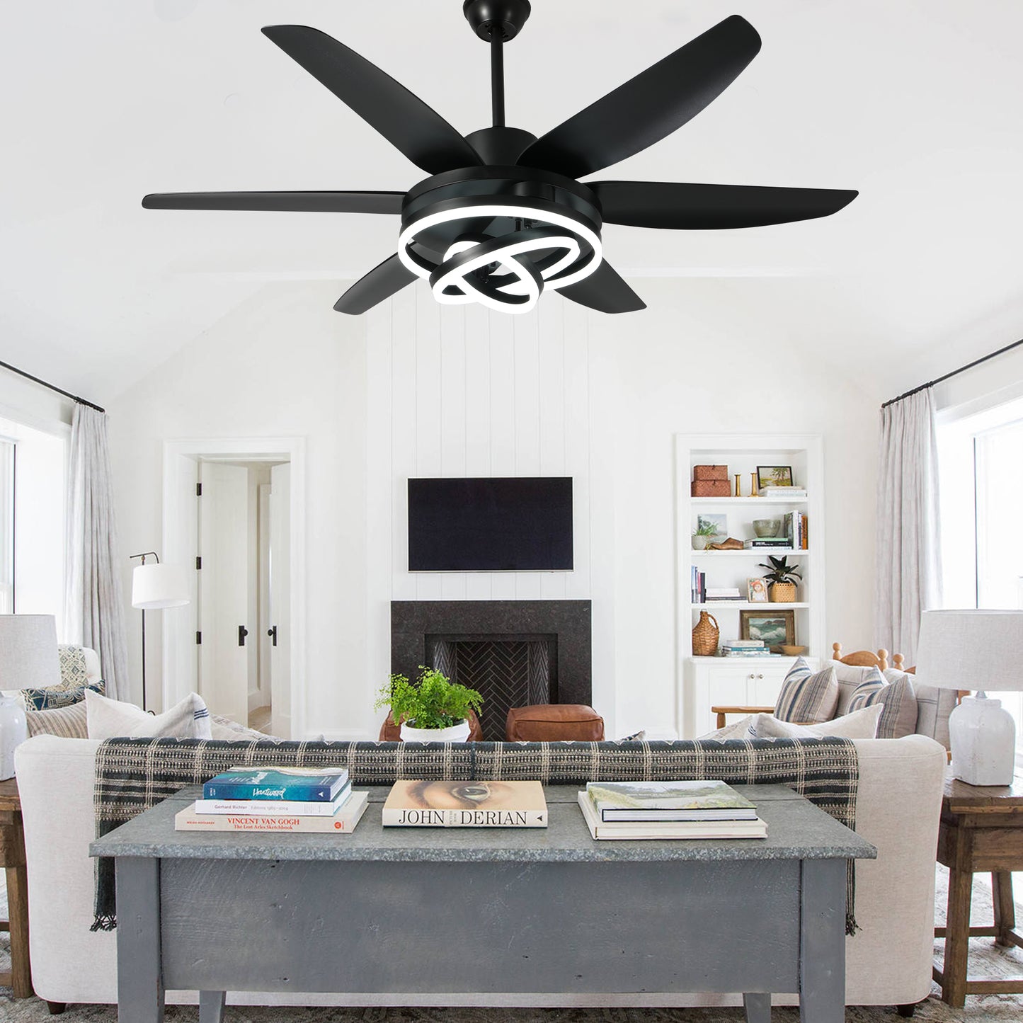 GED5614-BellaDepot 56" Modern Contemporary Black LED Ceiling Fan, 6 Speeds Ceiling Fan with Light Remote Control for All Seasons