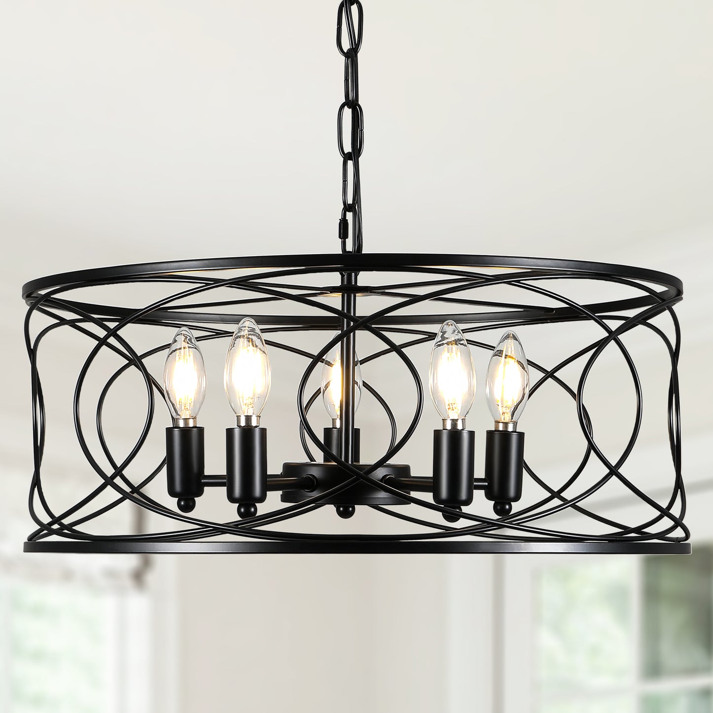 FC4078-5 Lights Black/Silver Finish Simple Linear Metal Caged Chandelier, Geometric Pendant Light with and Adjustable Chain