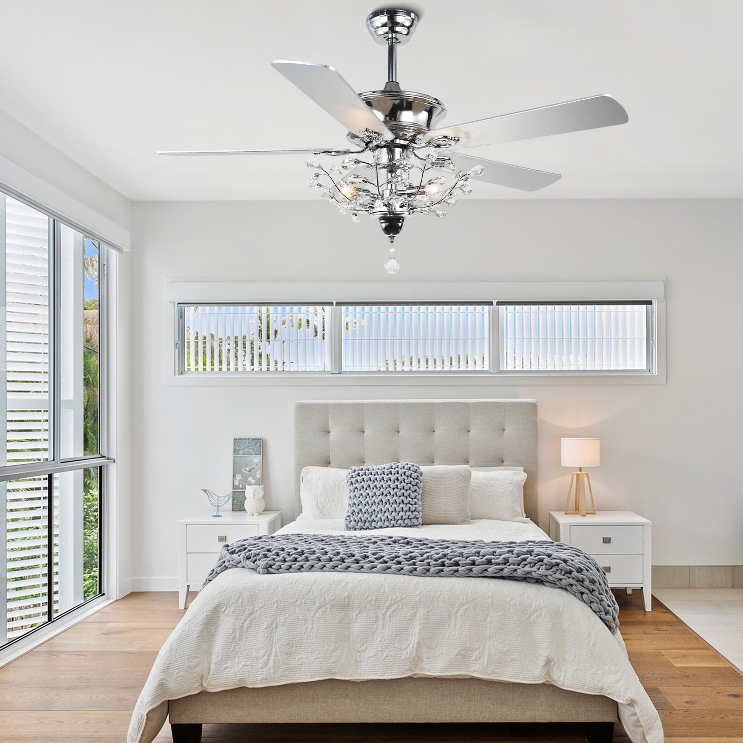 BD2014-52" Black/Chrome Finish Luxury Crystal Reversible Ceiling Fan with Remote and 3 Lights
