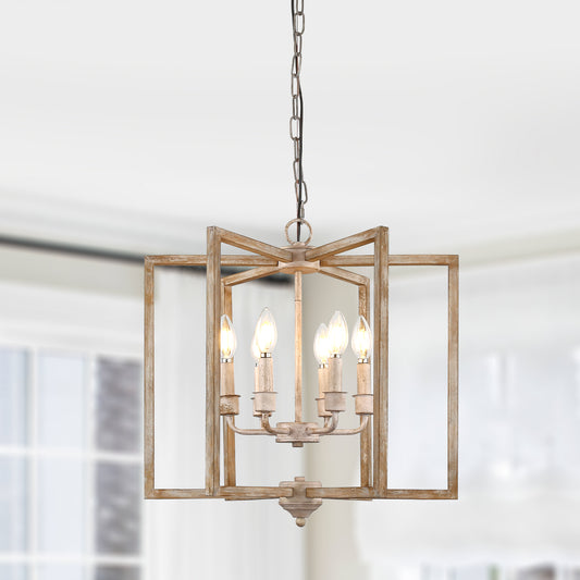 FC4115-BellaDepot 6 Lights Geometric Wood Chandelier, Height Adjustable Home Decoration Pendant Light