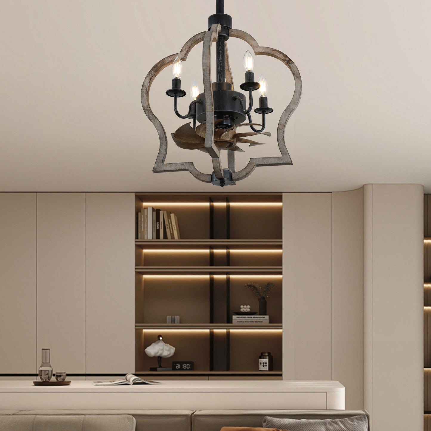 BD1501-BellaDepot 14.6" Farmhouse Distressed Wood Caged Reversible Ceiling Fan with Remote and 4 Lights