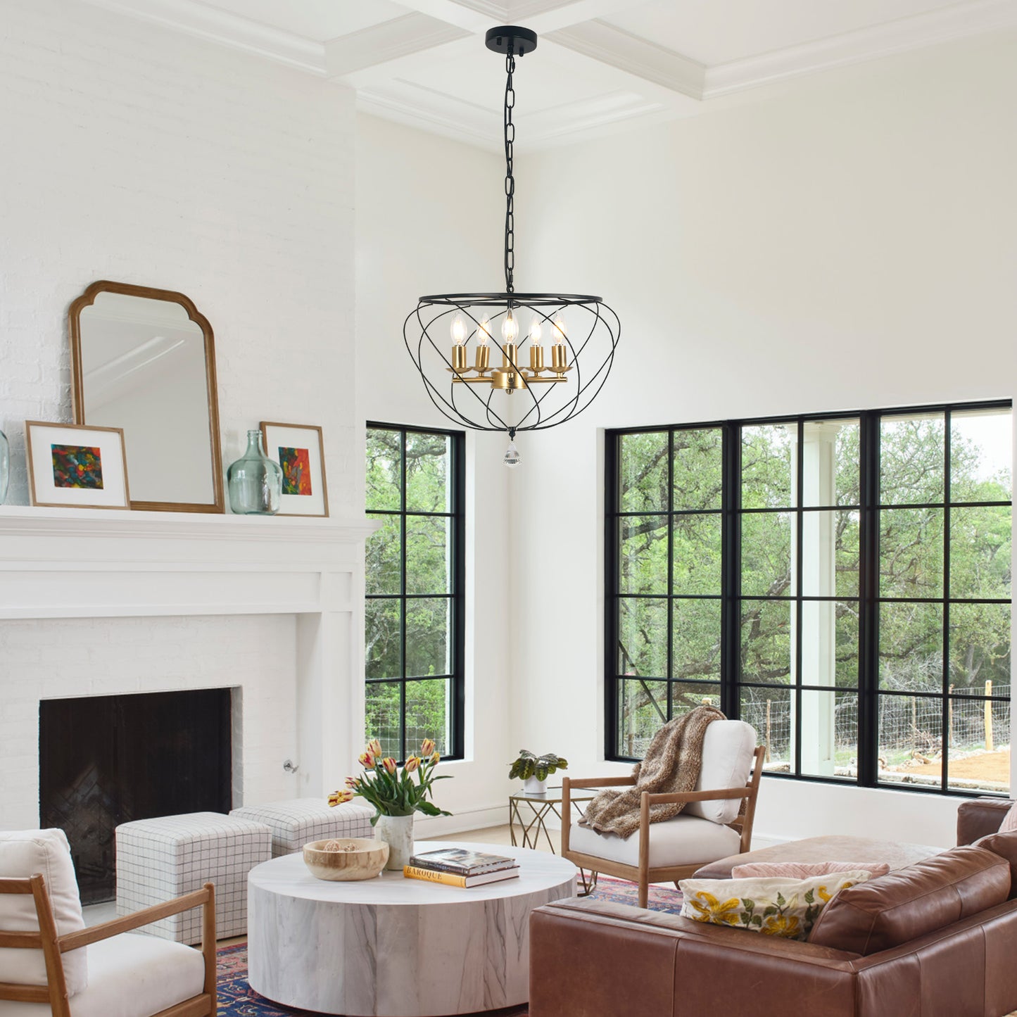 FC4087-5 Lights Iron Geometric Linear Chandelier, Home Decorative Pendant Light with Lights and Adjustable Chain
