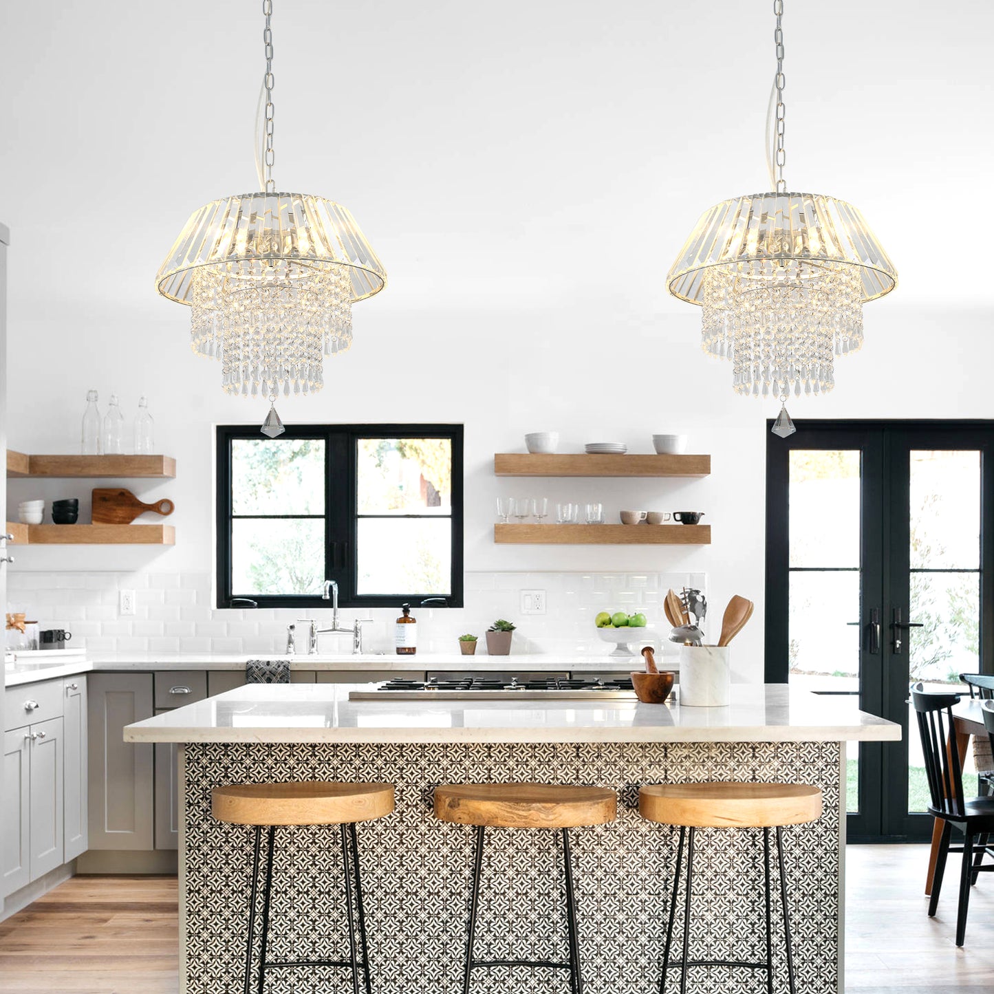FC4112-3 Lights Crystal Chandelier, Height Adjustable Home Decoration Pendant Light, Kitchen Island Light