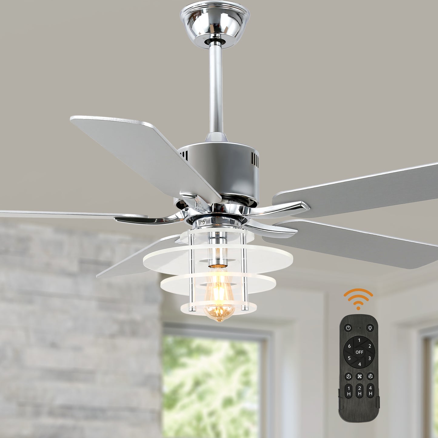 BellaDepot 52" Modern Black or Chrome Acrylic Shade Ceiling Fan with Remote Control, 5 Blades Standard Ceiling Fan with Lights - DC5222-B/C