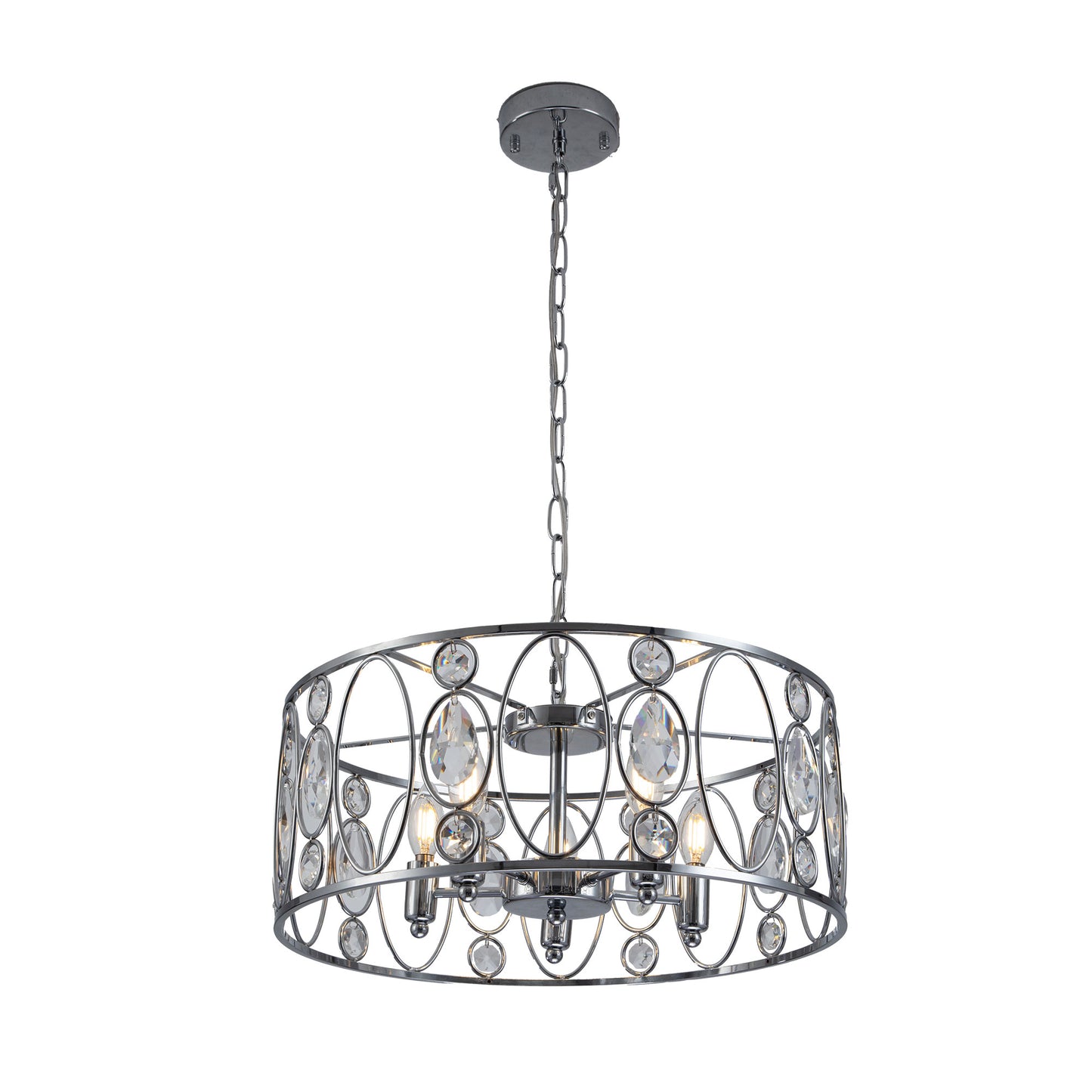 FC4086-5 Lights Black/Silver Finish Glamorous Crystal Geometric Chandelier, Height Adjustable Iron Pendant Light