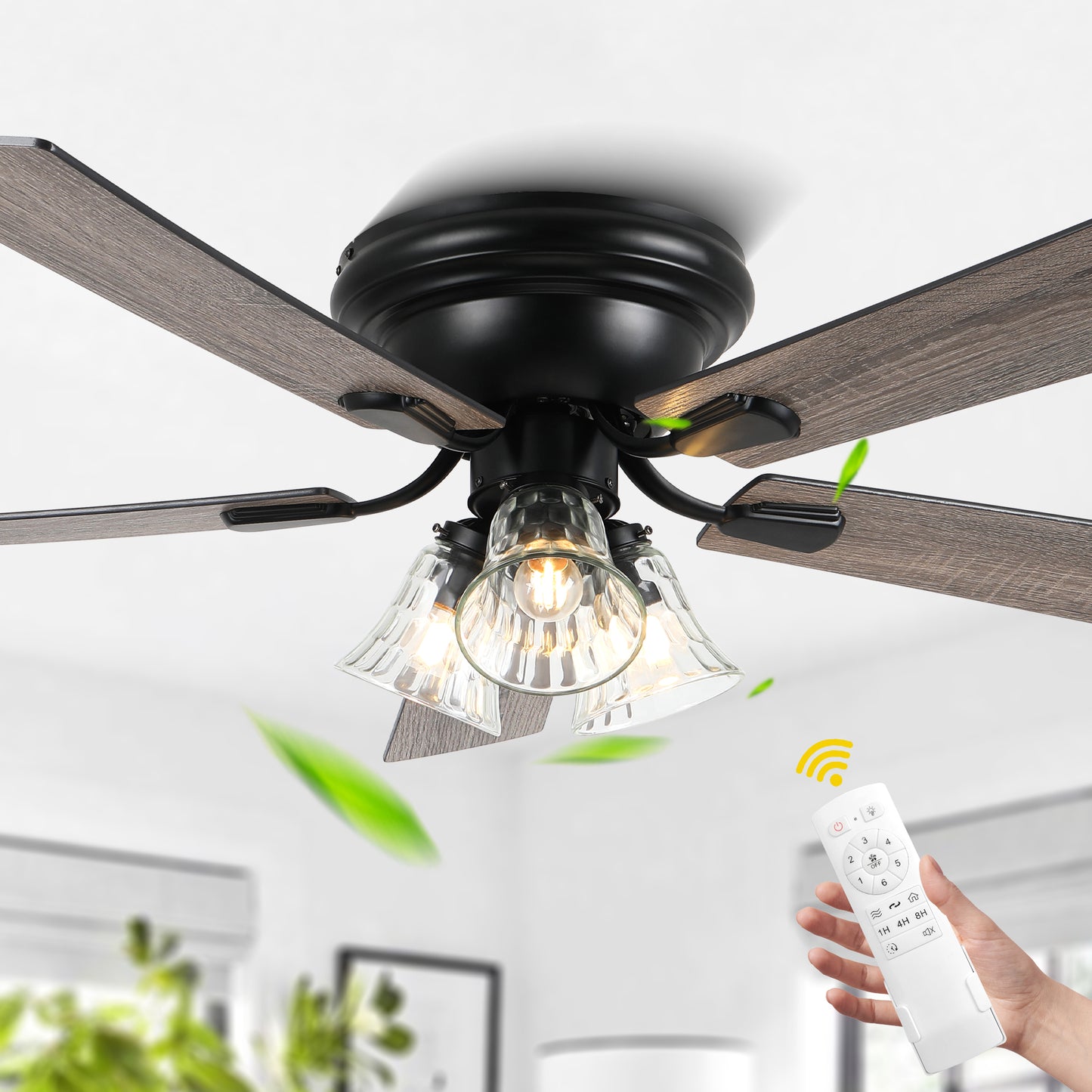 DC5215GED-BellaDepot 52" 5 Wooden Blades Retro Reversible Flush Mounted Ceiling Fan with Remote and Lights, 6-speed Large Size Ceiling Fan