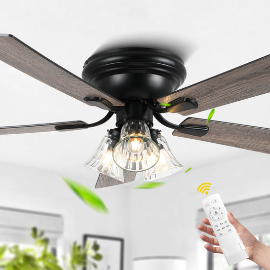 DC5215GED-BellaDepot 52" 5 Wooden Blades Retro Reversible Flush Mounted Ceiling Fan with Remote and Lights, 6-speed Large Size Ceiling Fan