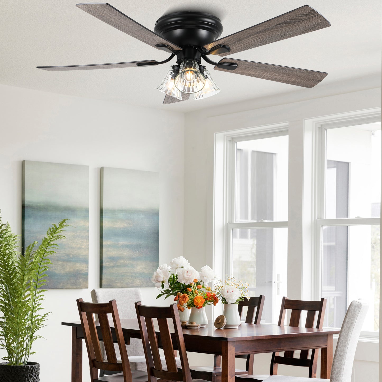 DC5215GED-BellaDepot 52" 5 Wooden Blades Retro Reversible Flush Mounted Ceiling Fan with Remote and Lights, 6-speed Large Size Ceiling Fan