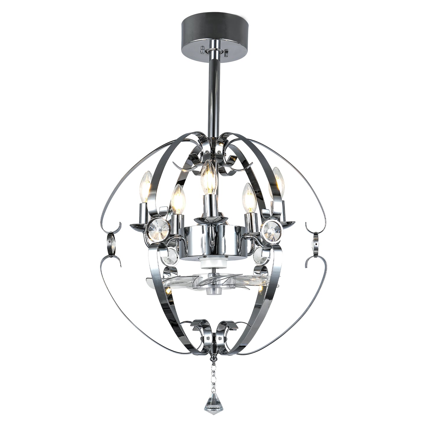 DC2031-BellaDepot 19.7" Silver Finish Luxury Crystal Reversible Ceiling Fan with Remote and 5 Lights, 6-Speed Ceiling Fan