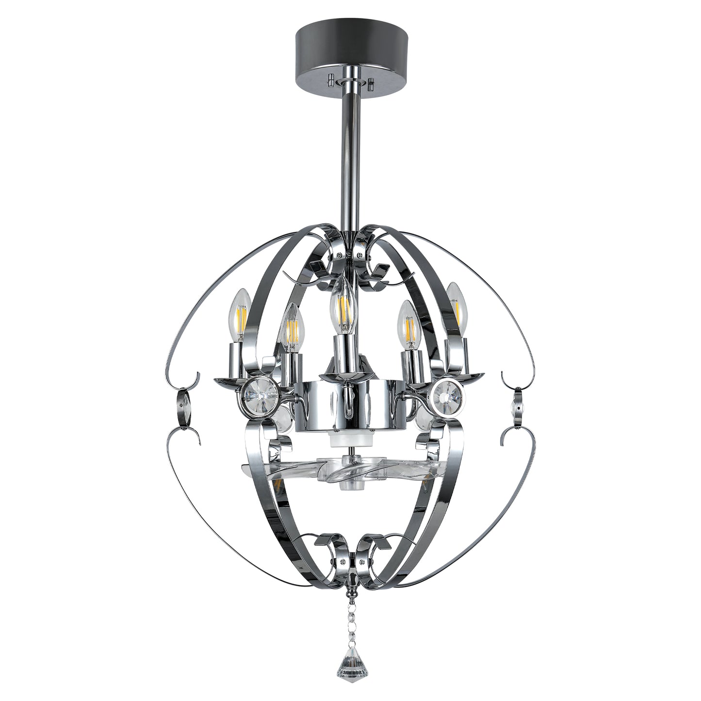 DC2031-19.7" Silver Finish Luxury Crystal Reversible Ceiling Fan with Remote and 5 Lights, 6-Speed Ceiling Fan