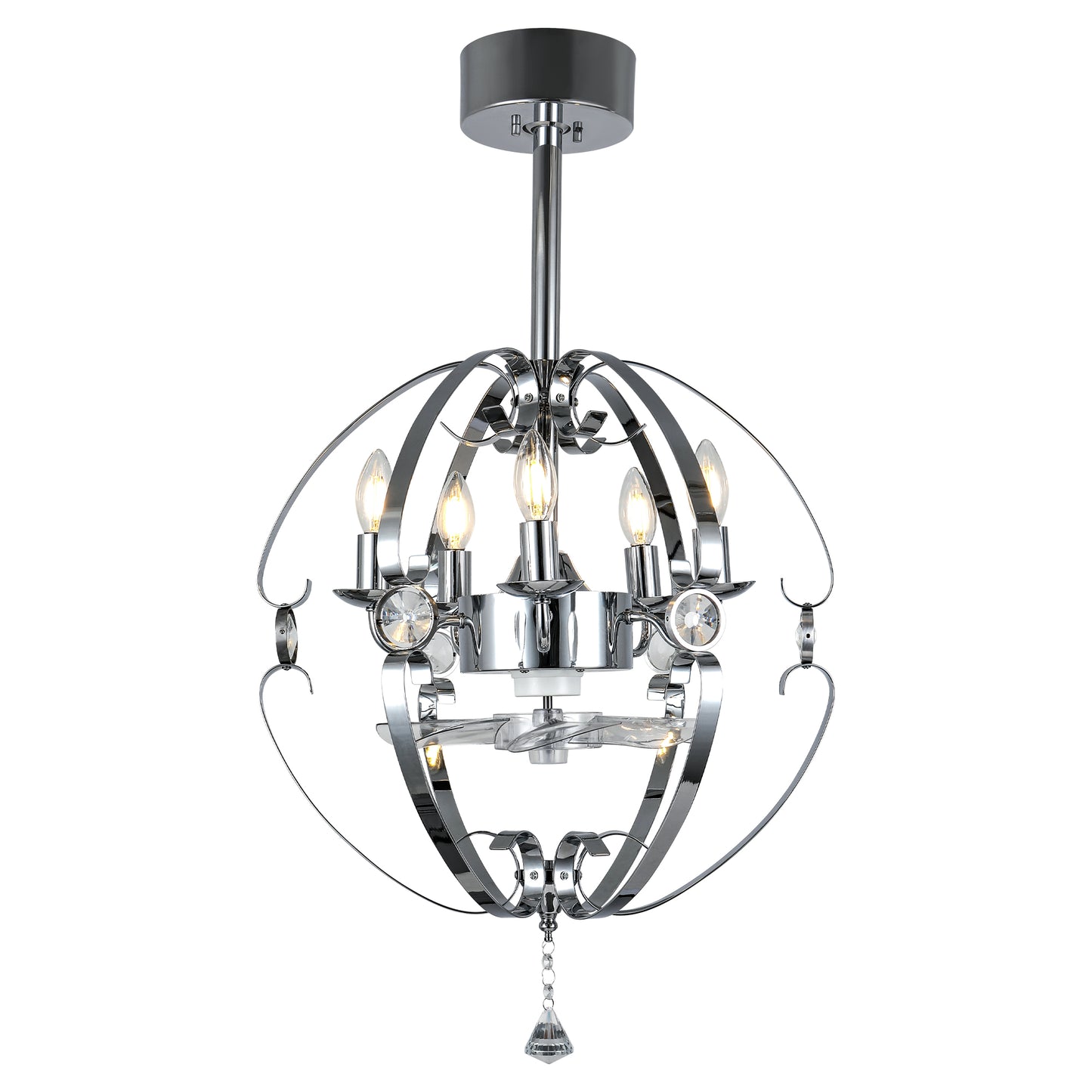 DC2031-19.7" Silver Finish Luxury Crystal Reversible Ceiling Fan with Remote and 5 Lights, 6-Speed Ceiling Fan