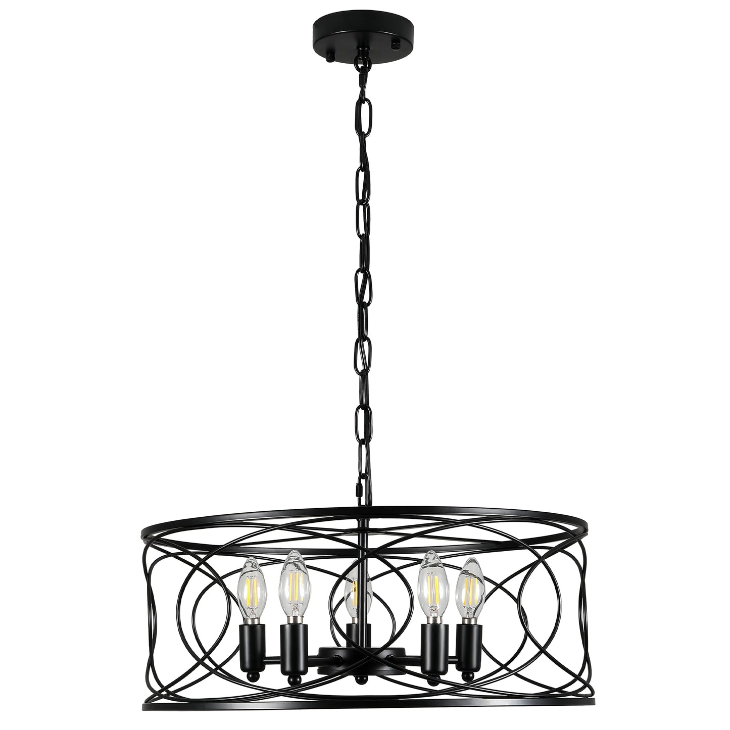 FC4078-5 Lights Black/Silver Finish Simple Linear Metal Caged Chandelier, Geometric Pendant Light with and Adjustable Chain