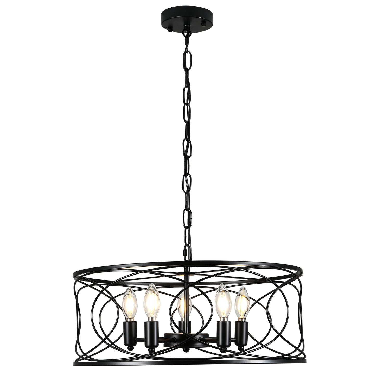 FC4078-5 Lights Black/Silver Finish Simple Linear Metal Caged Chandelier, Geometric Pendant Light with and Adjustable Chain