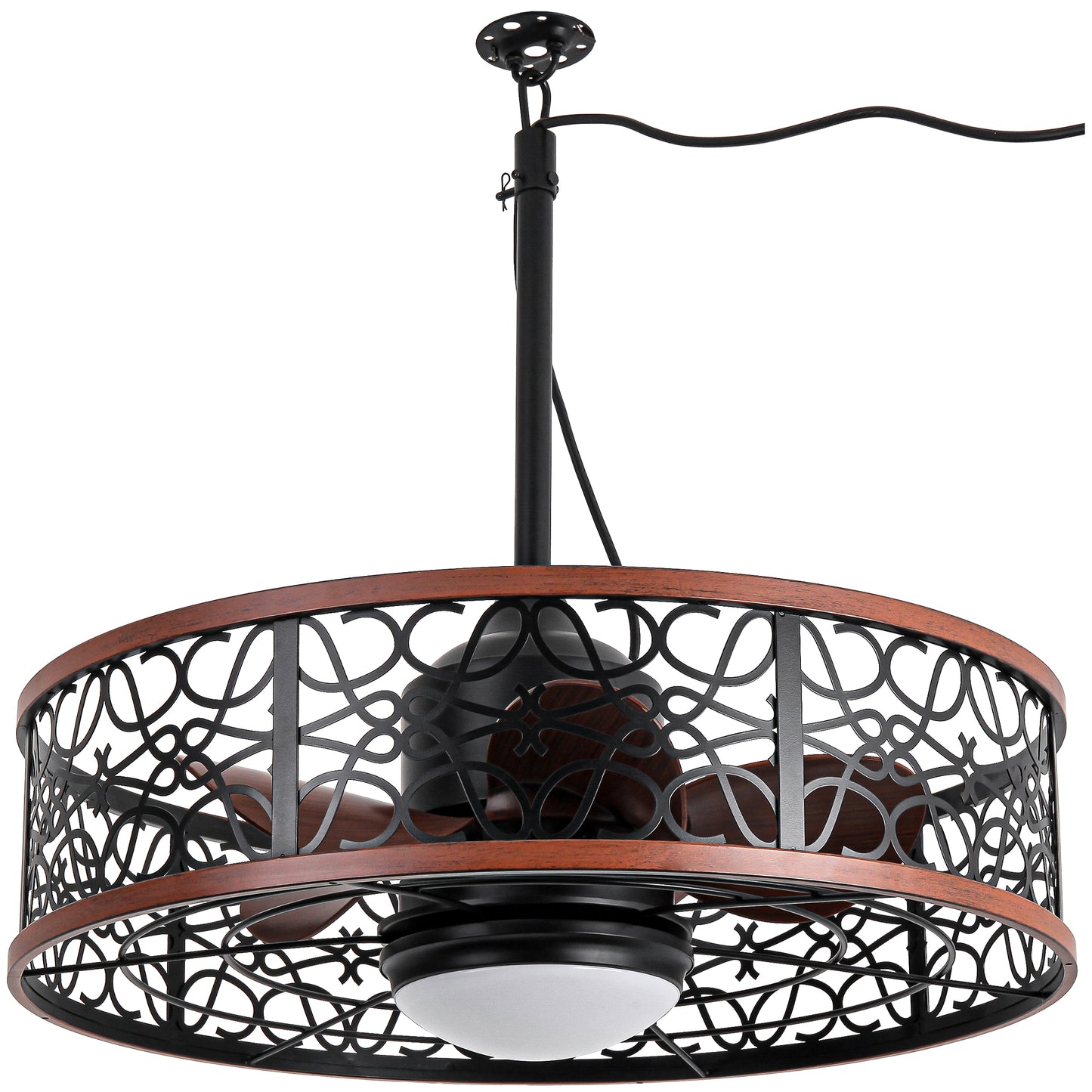 HW2310-GED-BellaDepot 24" Outdoor Iron Carving Caged Ceiling Fan with Remote Control, DC Motor 6 Speeds Fan with LED Lights