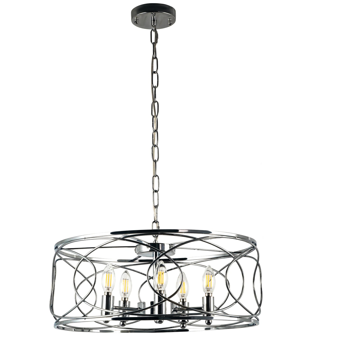 FC4078-5 Lights Black/Silver Finish Simple Linear Metal Caged Chandelier, Geometric Pendant Light with and Adjustable Chain