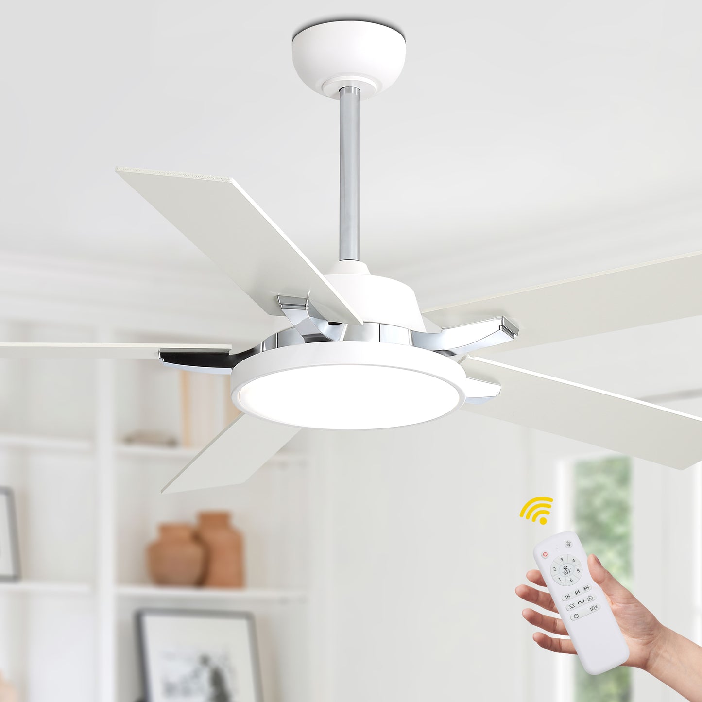 HWJ5220/5221/5222-52" 5 Wooden Blades Industrial Caged Reversible Ceiling Fan with Remote and LED Lights, Large Size 6-speed Ceiling Fan