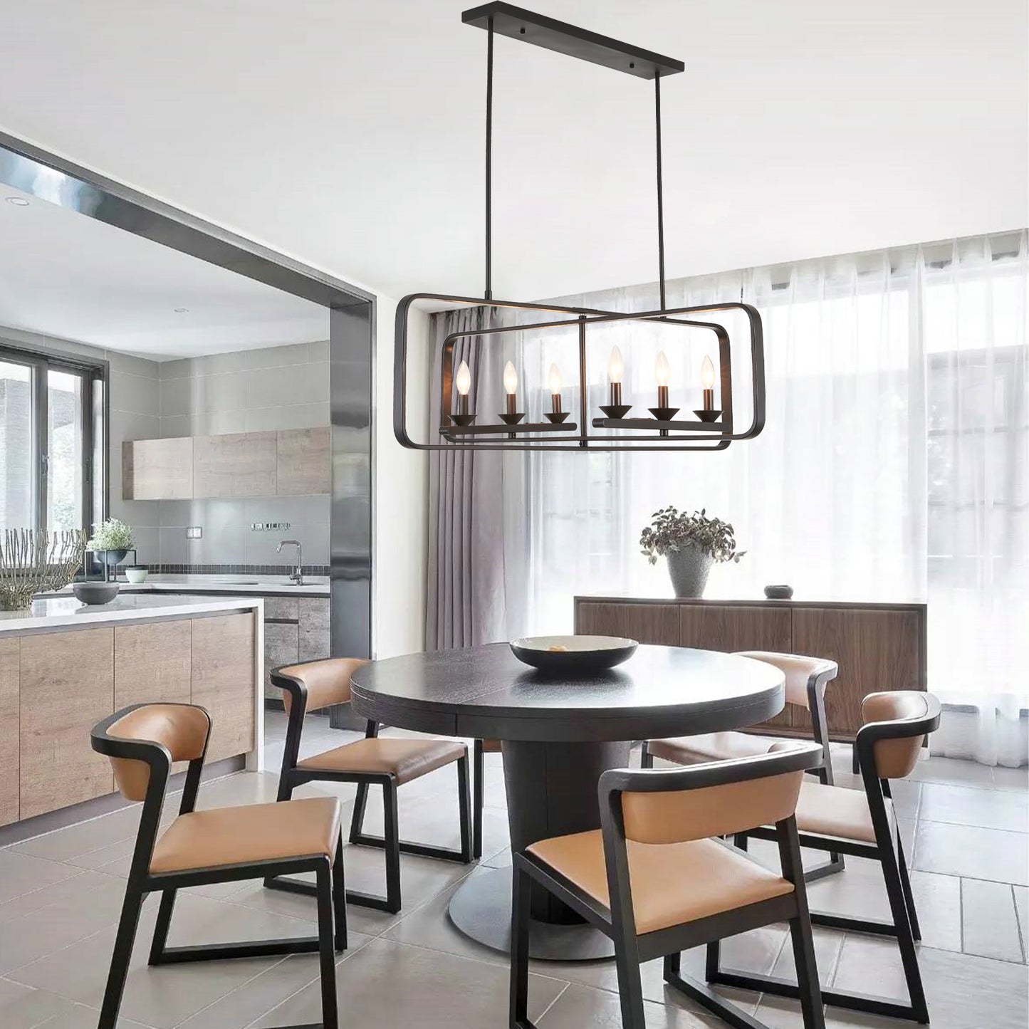 FC4110-6 Lights Geometric Wood Chandelier, Height Adjustable Home Decoration Pendant Light