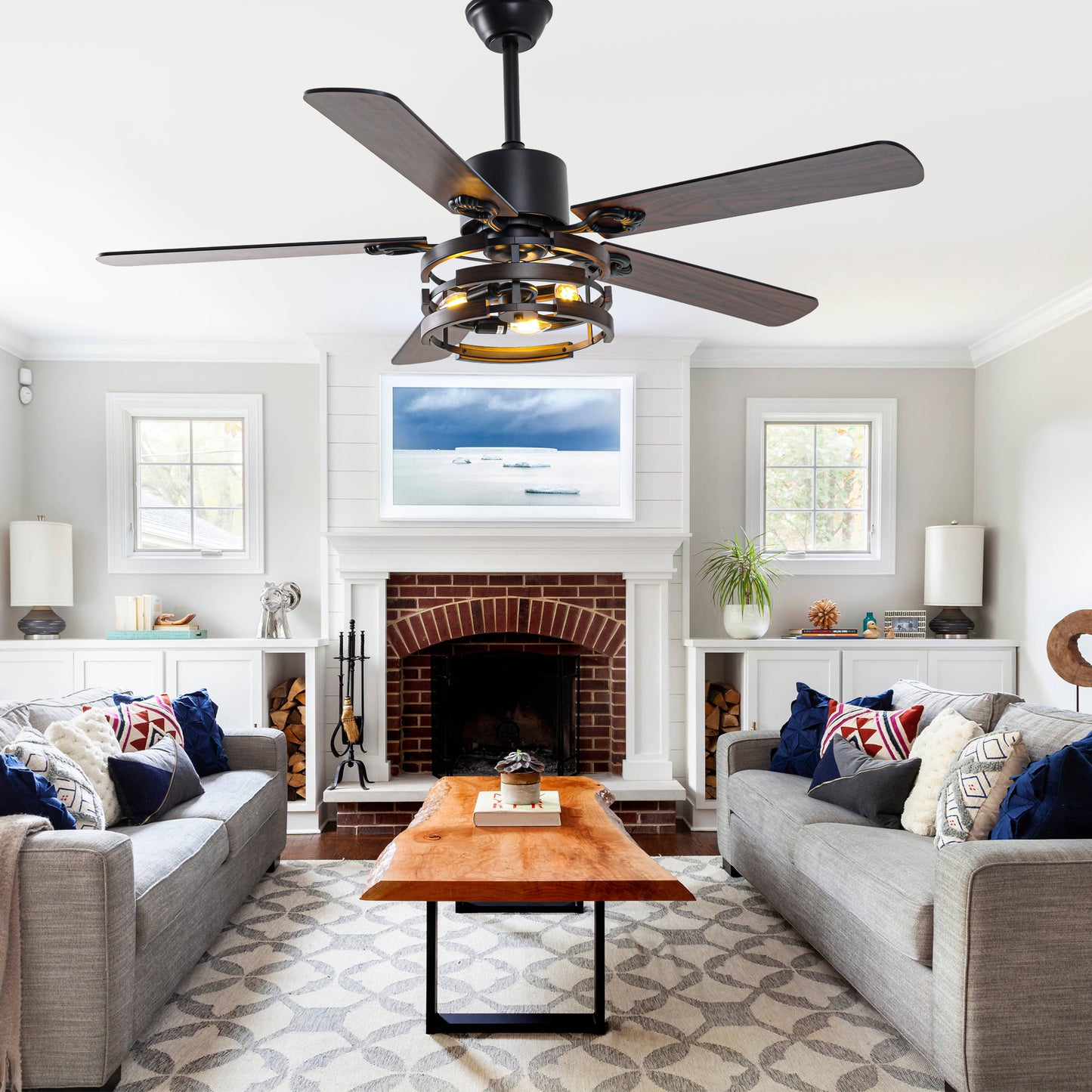 BellaDepot 52" Farmhouse Industrial Brown Ceiling Fan with Remote Control, 6 Speeds Ceiling Fan with Lights for Living Room- DC5224