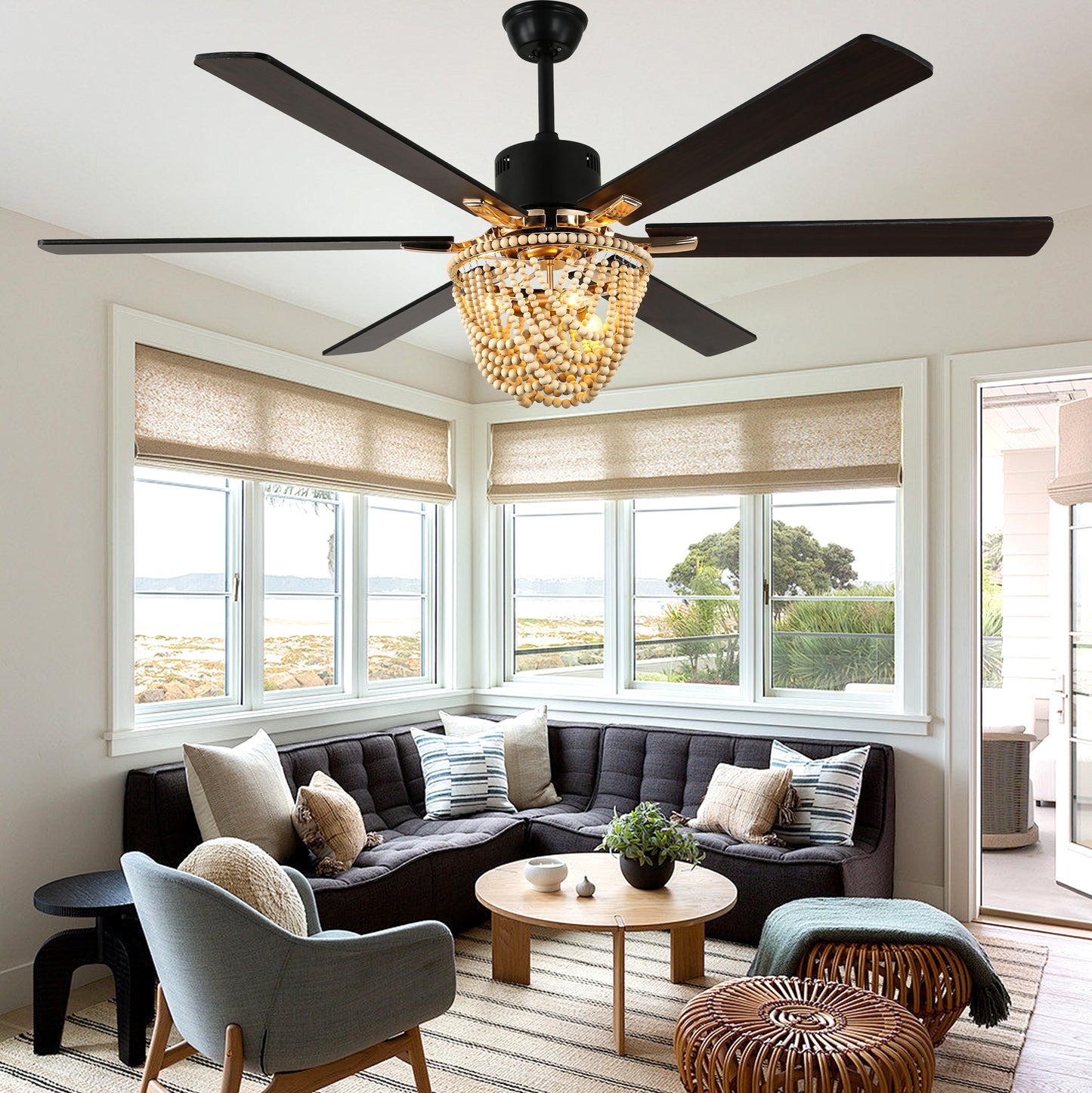 BellaDepot 65" Wood Bead Cottage Large Size Ceiling Fan with Remote Control, Silent Motor 6 Speeds Straight Leaf Fan with 3 Lights - DC6508
