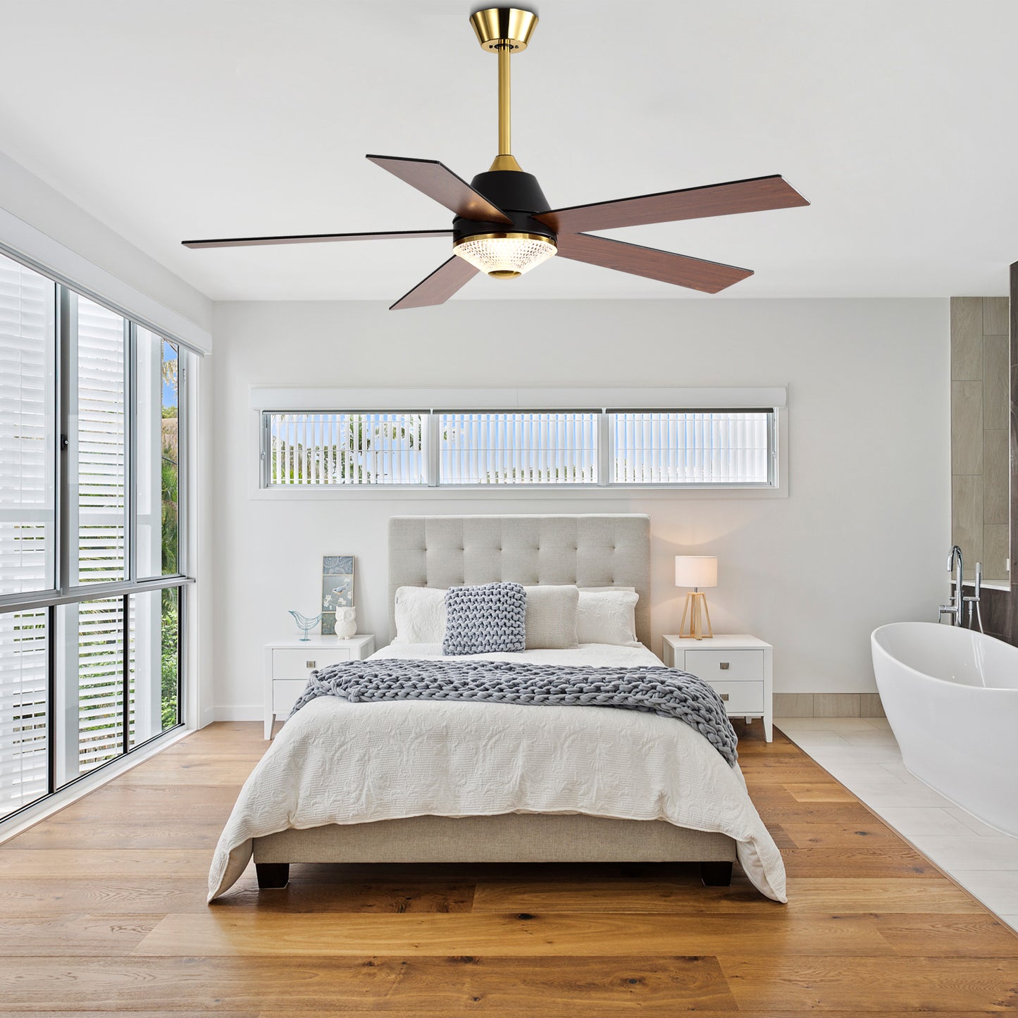 HWJ5218-52" 5 Wooden Blades Modern Reversible Ceiling Fan with Remote, 6-speed Bedroom Ceiling Fan