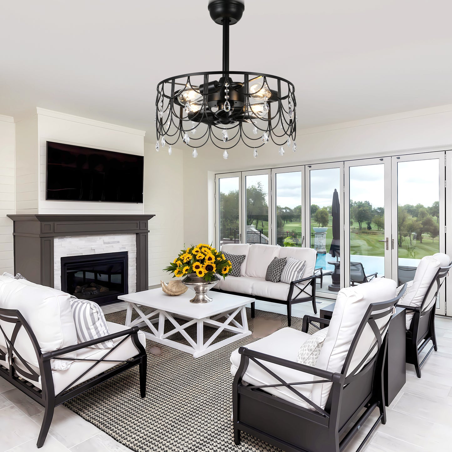 DC2105-20.8" Black/Silver Finish Luxury Crystal Reversible Ceiling Fan with Remote and 4 Lights, 6-speed Bladeless Ceiling Fan