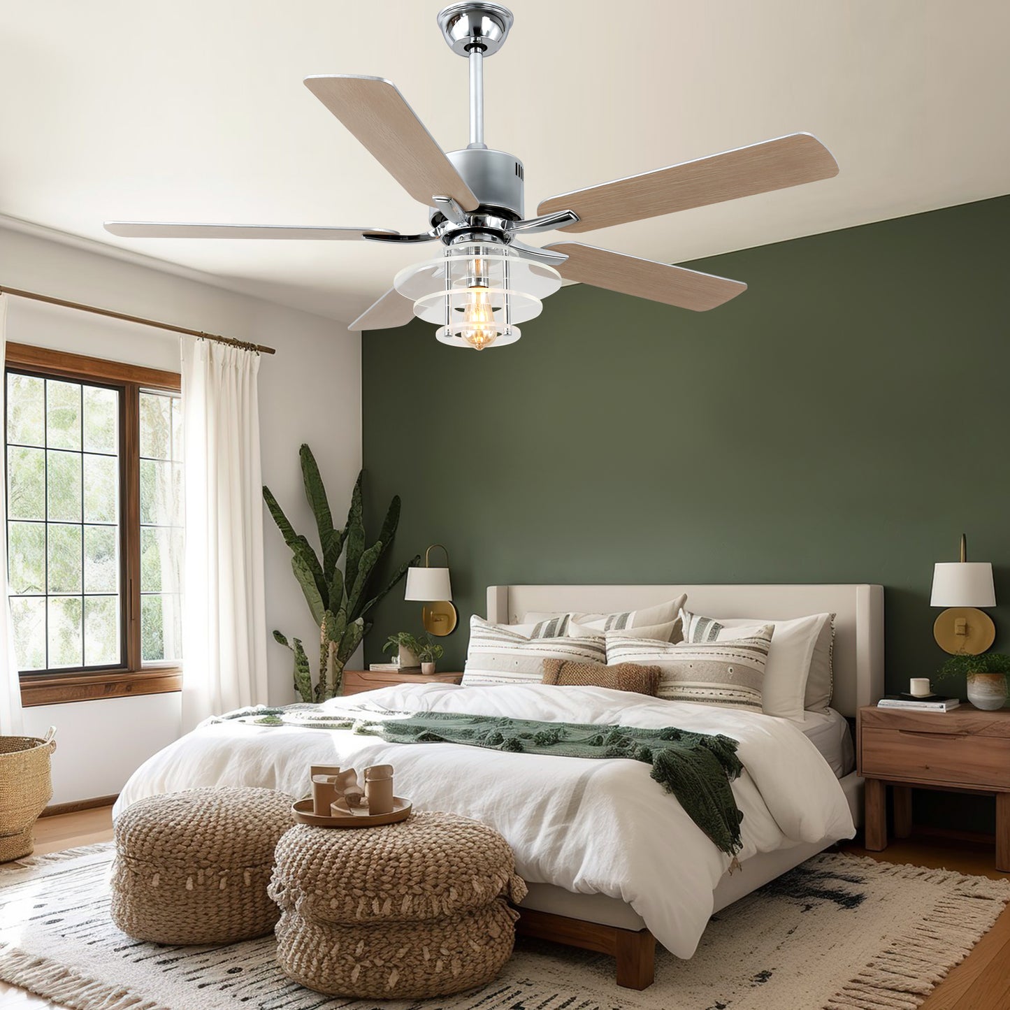 BellaDepot 52" Modern Black or Chrome Acrylic Shade Ceiling Fan with Remote Control, 5 Blades Standard Ceiling Fan with Lights - DC5222-B/C
