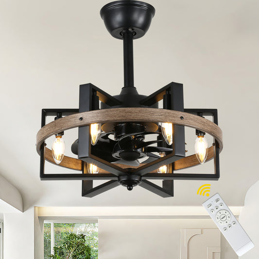 BD1811-BR-BellaDepot 18.5" Industrial Wood Grain Reversible Caged Ceiling Fan with Remote and 6 Lights