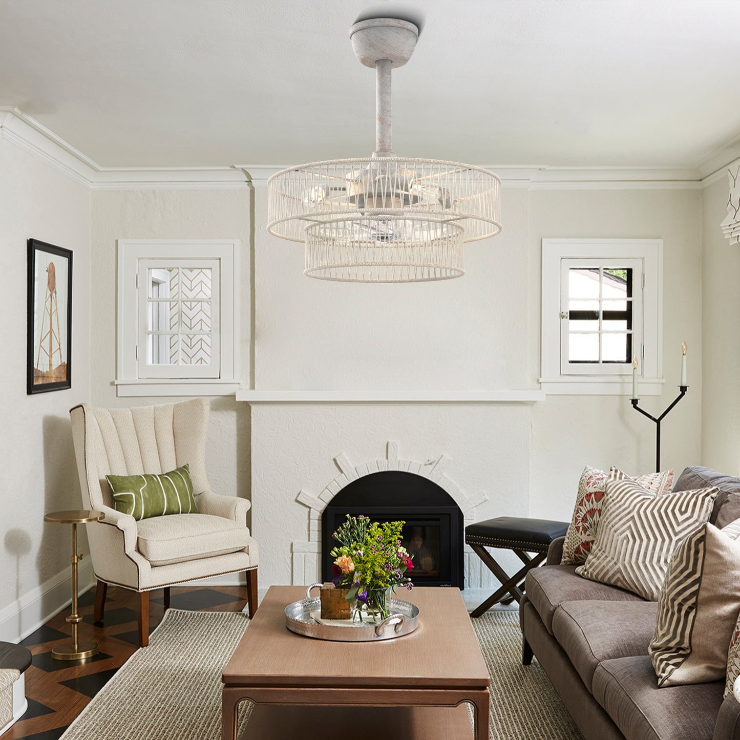 DC2030-BellaDepot 19.7" Hokkaido Distressed White Finish Simple Style Reversible Ceiling Fan with Remote and 4 Lights, 6-speed Bladeless Ceiling Fan