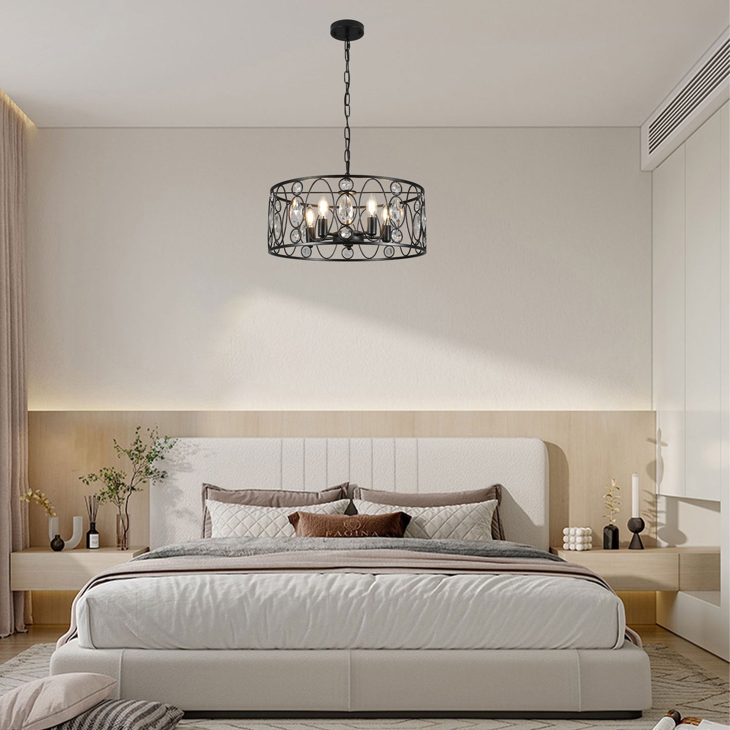 FC4086-5 Lights Black/Silver Finish Glamorous Crystal Geometric Chandelier, Height Adjustable Iron Pendant Light