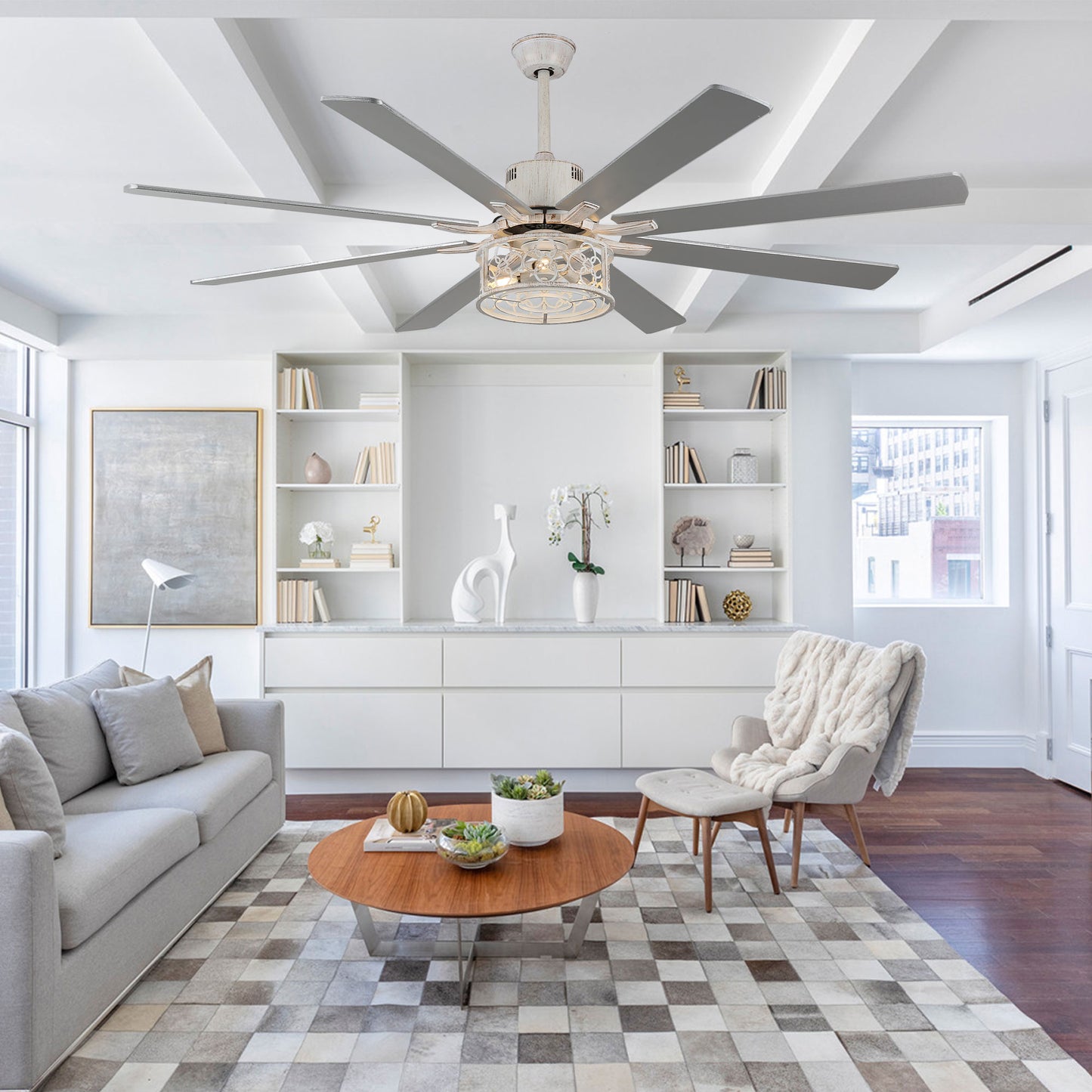 DC7201-72" 8 Wooden Blades White/Black Farmhouse Reversible Ceiling Fan with Remote and 3 Lights, Large Size Ceiling Fan