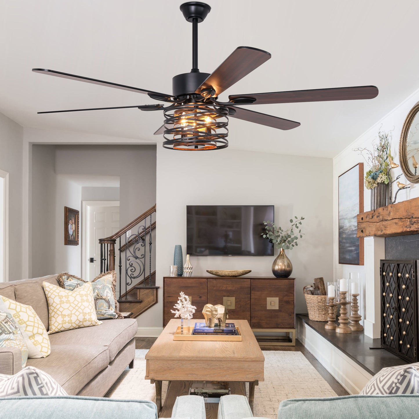 BellaDepot 65" Farmhouse Industrial Brown Large Size Ceiling Fan with Remote Control, Silent Motor 6 Speeds Straight Leaf Fan with 3 Lights - DC6507