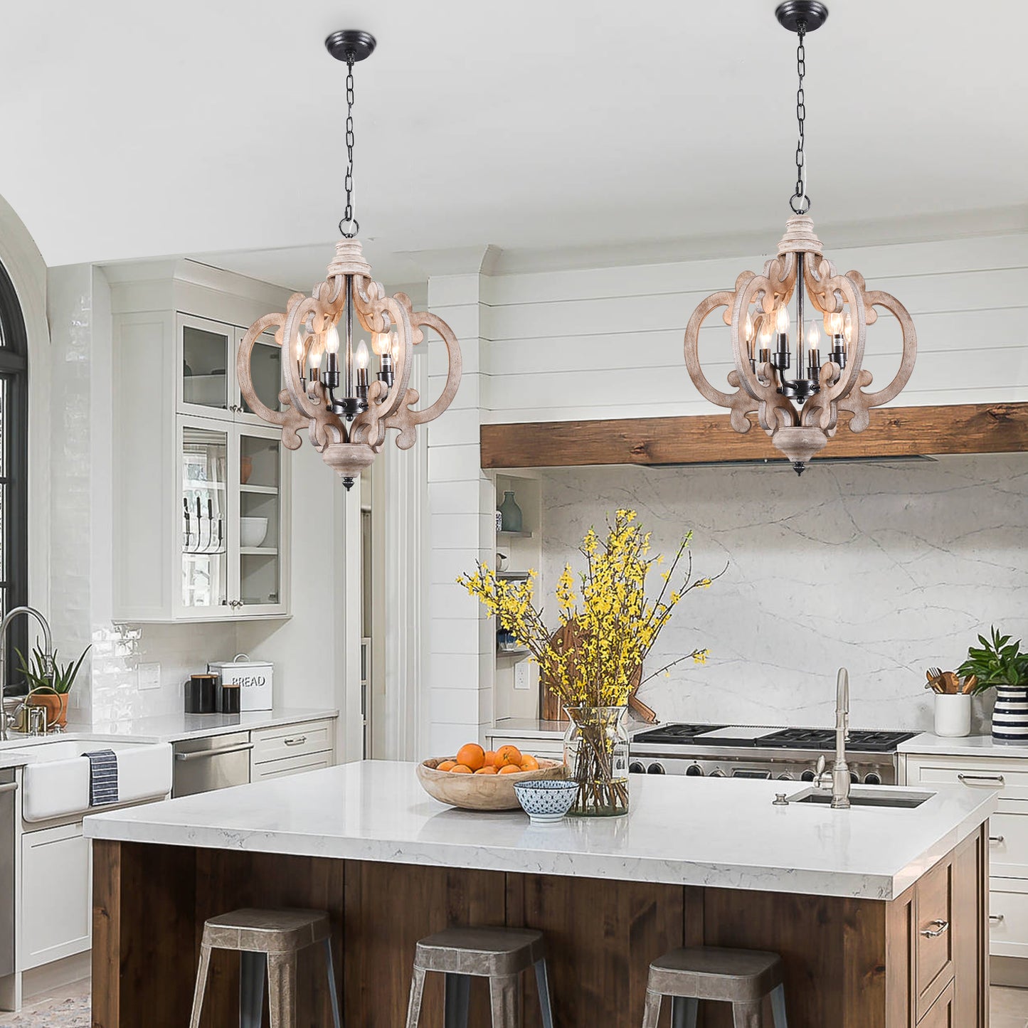 FC4002-6 Light Distressed Wood/Distressed White French Country Vintage Style Distressed Wood Geometric Chandelier, Wooden Pendant Light with Adjustable Chain