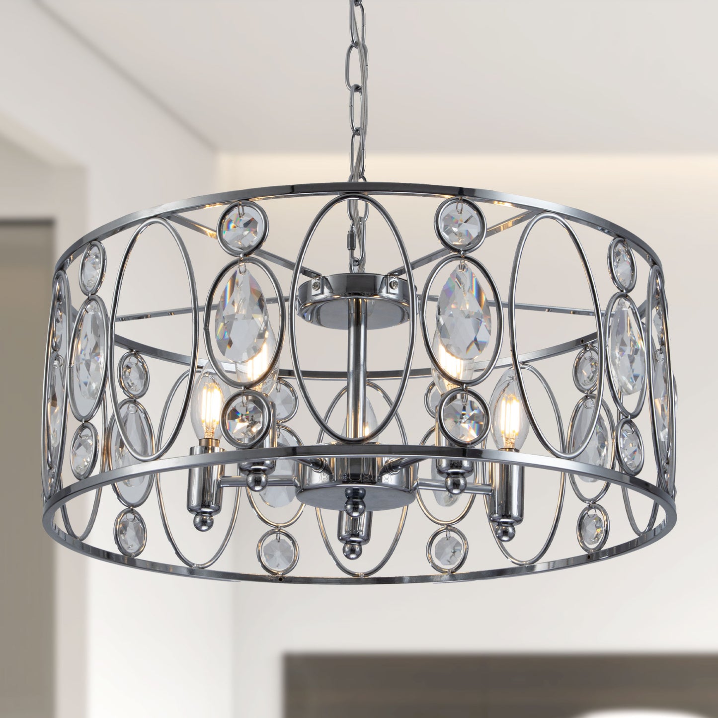 FC4086-5 Lights Black/Silver Finish Glamorous Crystal Geometric Chandelier, Height Adjustable Iron Pendant Light