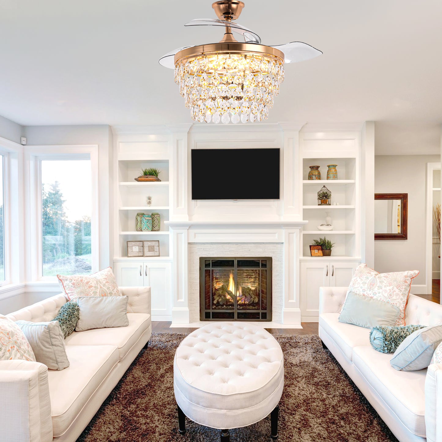 DC4270-BellaDepot 42" Silver or Gold Crystal Chandelier Ceiling Fan with Remote and Lights, Retractable Blades Ceiling Fan